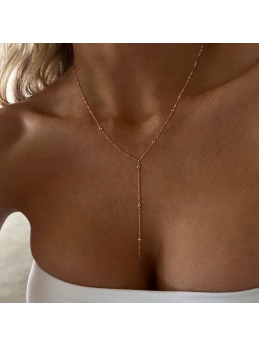 14k Gold Plated Beaded Lariat Necklace Dainty Drop Necklace | - Picture 2 of 4